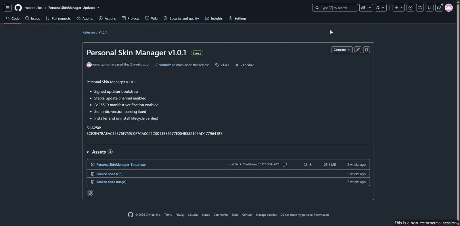 Personal Skin Manager v1.0.1 GitHub Release showing the installer under Assets.