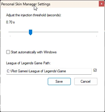 Personal Skin Manager Settings window with local configuration controls.