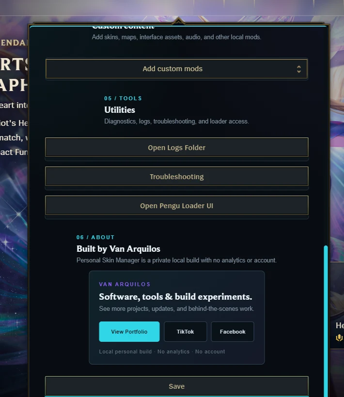 Personal Skin Manager tools and custom-content controls shown over the League client.