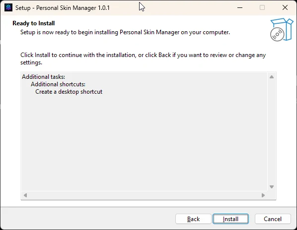 Personal Skin Manager Setup ready to install with the selected setup options.
