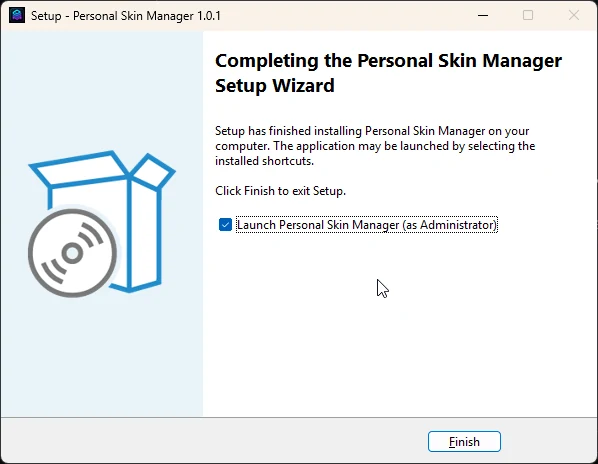 Completed Personal Skin Manager Setup Wizard with the launch option enabled.