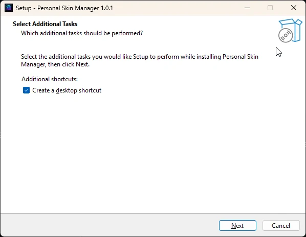 Personal Skin Manager Setup showing the optional desktop shortcut setting.